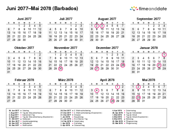 Kalender für 2077 in Barbados
