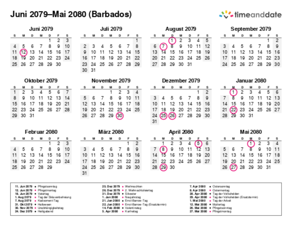 Kalender für 2079 in Barbados