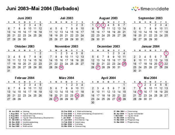 Kalender für 2083 in Barbados