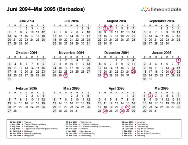 Kalender für 2094 in Barbados