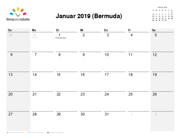 Kalender für 2019 in Bermuda