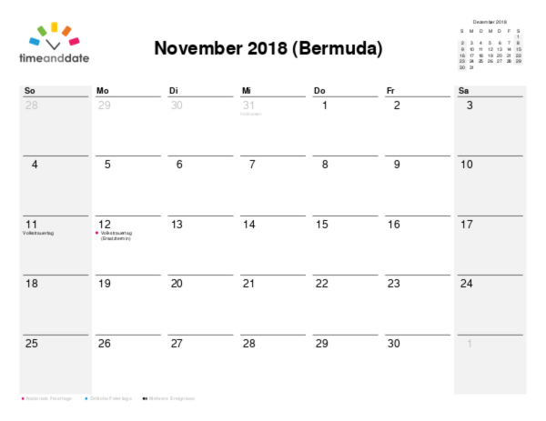 Kalender für 2018 in Bermuda