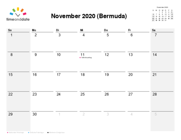 Kalender für 2020 in Bermuda