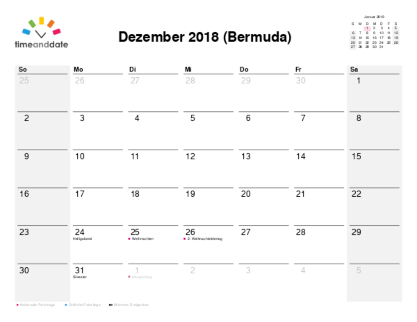 Kalender für 2018 in Bermuda
