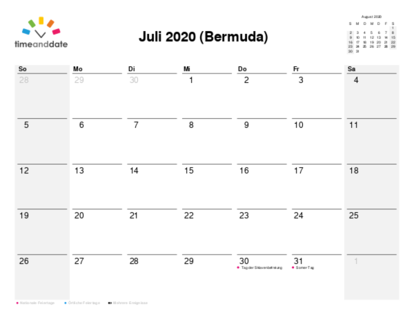 Kalender für 2020 in Bermuda