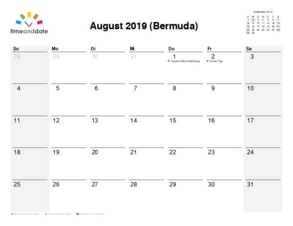Kalender für 2019 in Bermuda