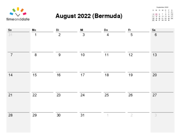 Kalender für 2022 in Bermuda