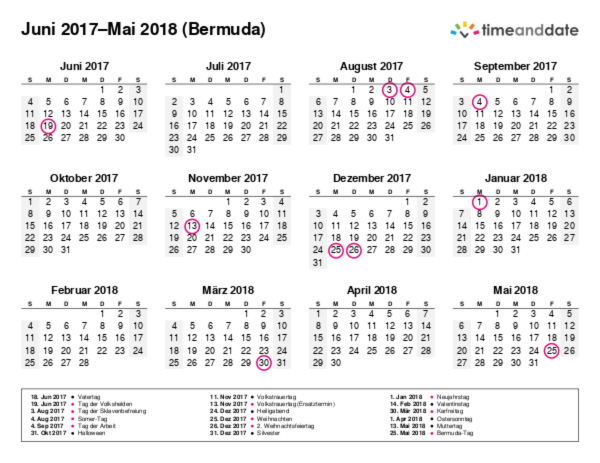 Kalender für 2017 in Bermuda