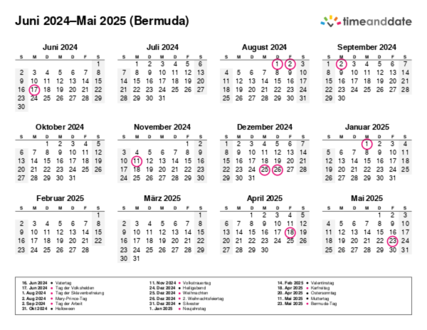 Kalender für 2024 in Bermuda