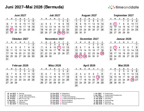 Kalender für 2027 in Bermuda