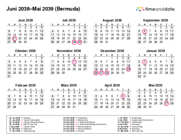 Kalender für 2038 in Bermuda