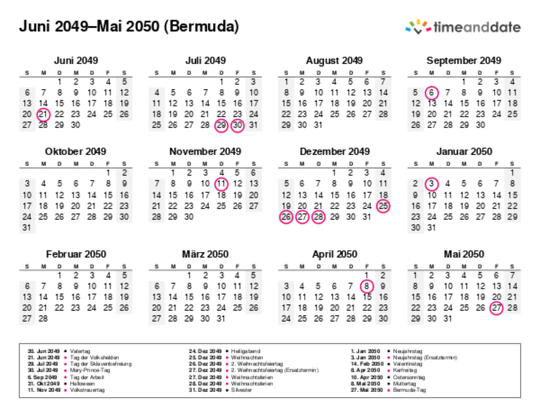 Kalender für 2049 in Bermuda