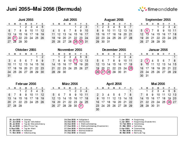 Kalender für 2055 in Bermuda