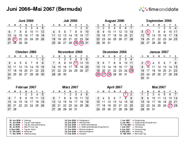 Kalender für 2066 in Bermuda