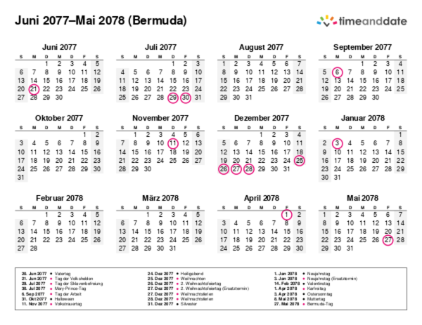 Kalender für 2077 in Bermuda