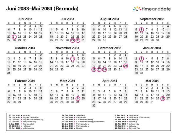 Kalender für 2083 in Bermuda