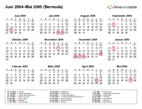 Kalender für 2094 in Bermuda