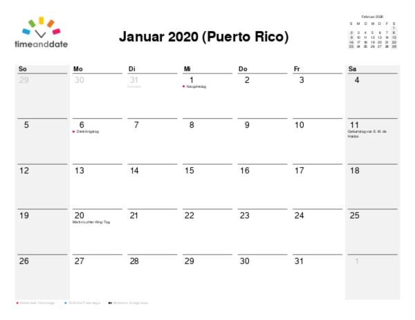 Kalender für 2020 in Puerto Rico