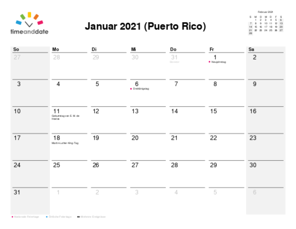 Kalender für 2021 in Puerto Rico