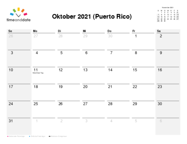 Kalender für 2021 in Puerto Rico