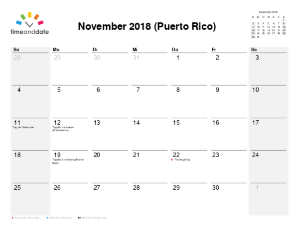 Kalender für 2018 in Puerto Rico
