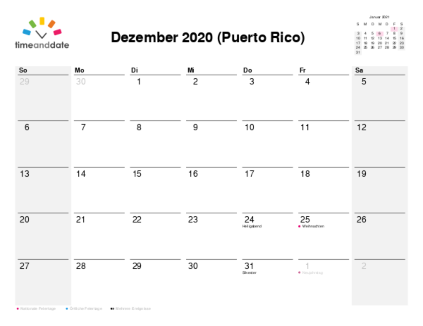 Kalender für 2020 in Puerto Rico