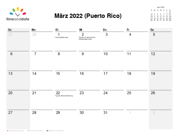 Kalender für 2022 in Puerto Rico