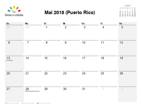 Kalender für 2018 in Puerto Rico