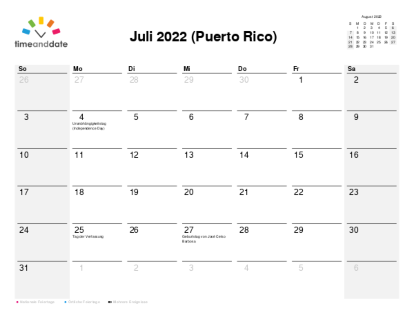 Kalender für 2022 in Puerto Rico