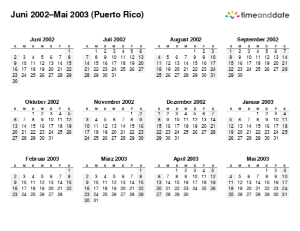 Kalender für 2002 in Puerto Rico