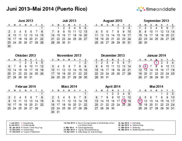 Kalender für 2013 in Puerto Rico