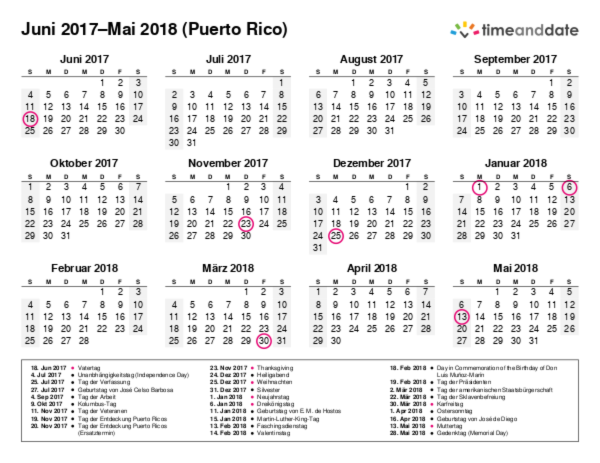 Kalender für 2017 in Puerto Rico