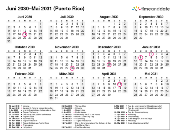 Kalender für 2030 in Puerto Rico