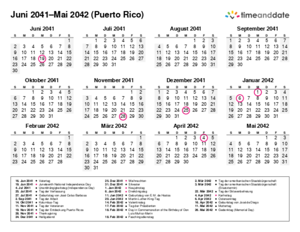 Kalender für 2041 in Puerto Rico