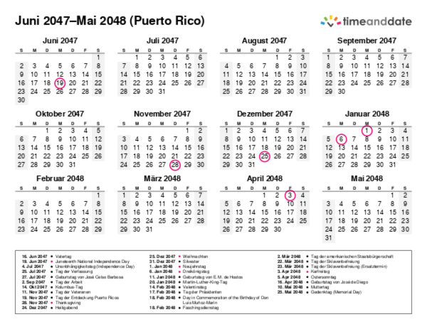 Kalender für 2047 in Puerto Rico