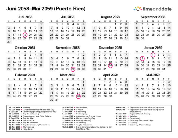 Kalender für 2058 in Puerto Rico