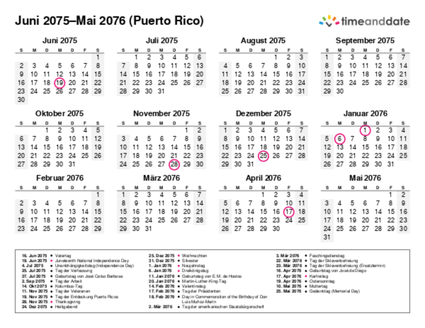 Kalender für 2075 in Puerto Rico