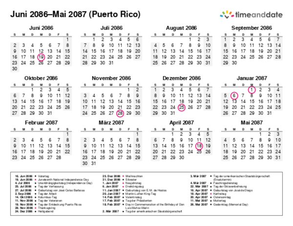 Kalender für 2086 in Puerto Rico