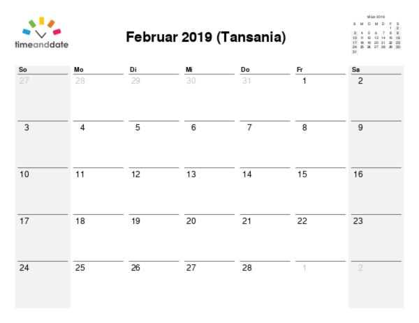 Kalender für 2019 in Tansania