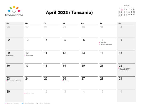 Kalender für 2023 in Tansania