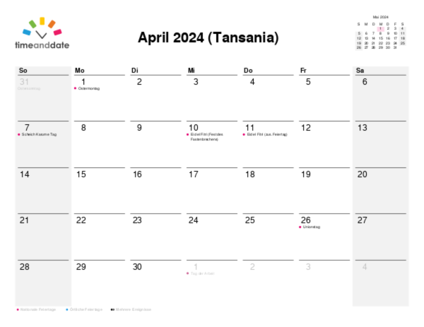 Kalender für 2024 in Tansania