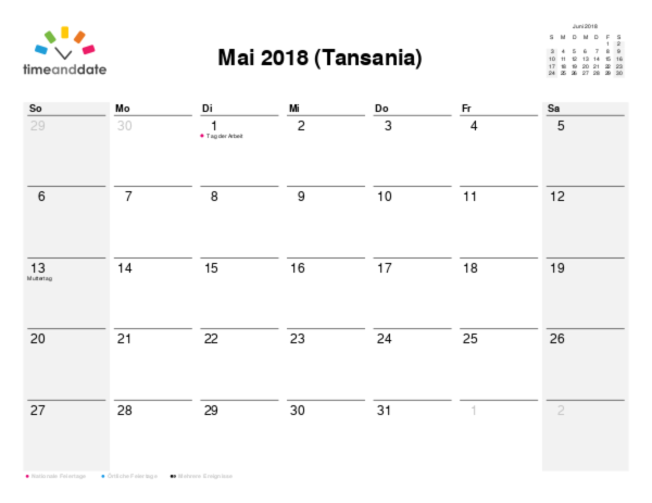 Kalender für 2018 in Tansania