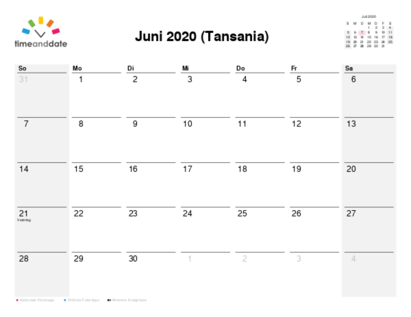 Kalender für 2020 in Tansania