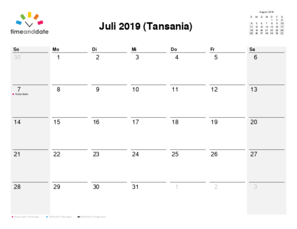 Kalender für 2019 in Tansania