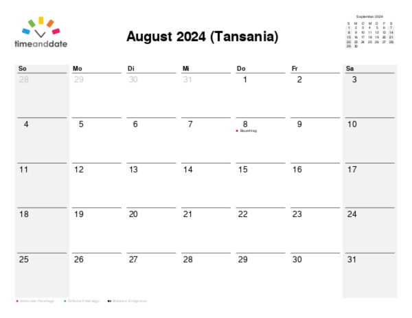 Kalender für 2024 in Tansania