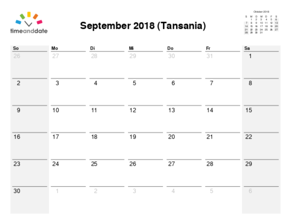 Kalender für 2018 in Tansania