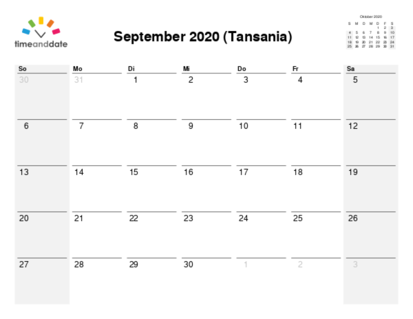 Kalender für 2020 in Tansania