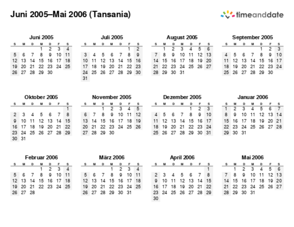 Kalender für 2005 in Tansania