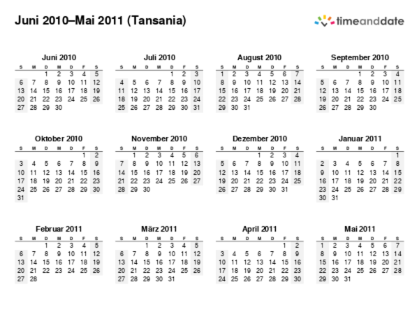 Kalender für 2010 in Tansania