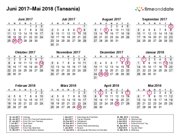 Kalender für 2017 in Tansania